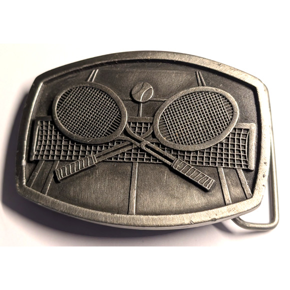 Vintage Pewter Tennis Rackets Belt Buckle 1977 Indiana Metal Craft - S98 - Picture 1 of 5
